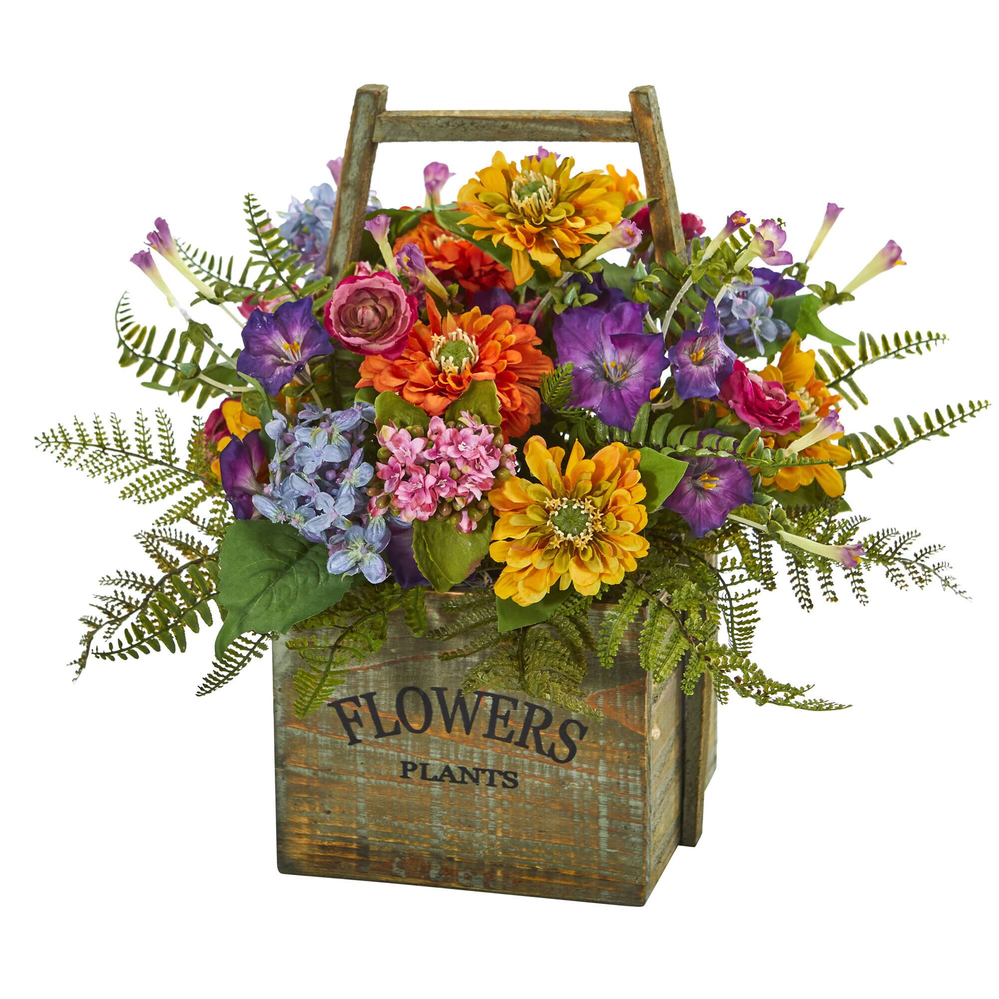 15" Mixed Floral Arrangement in Wood Basket